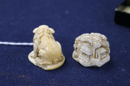 A Japanese ivory netsuke of a shi shi, signed Gyokuyosai and an ivory netsuke of a figure in a house